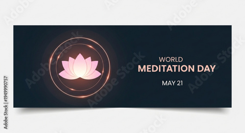 World meditation day may 21 banner with pink lotus flower logo on dark background