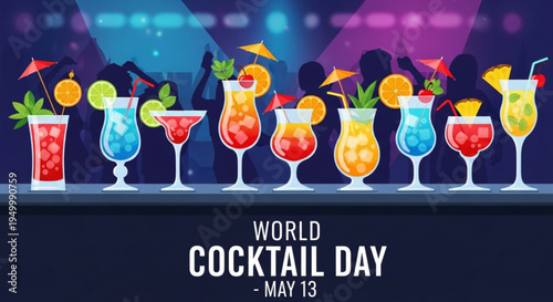 Colorful cocktails on a bar for world cocktail day on may 13 assorted drinks with fruits and umbrellas