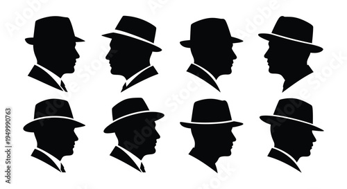 Silhouettes of men wearing hats in various styles and profiles