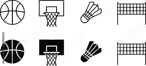 Sports icons set with basketball hoop ball shuttlecock badminton net, minimalist line and silhouette sport equipment vector collection
