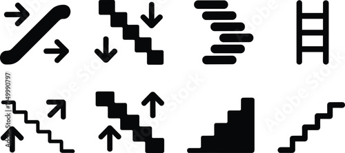 Stairs escalator ladder up and down direction icon set, staircase navigation symbols, outline and solid vector icons for building wayfinding