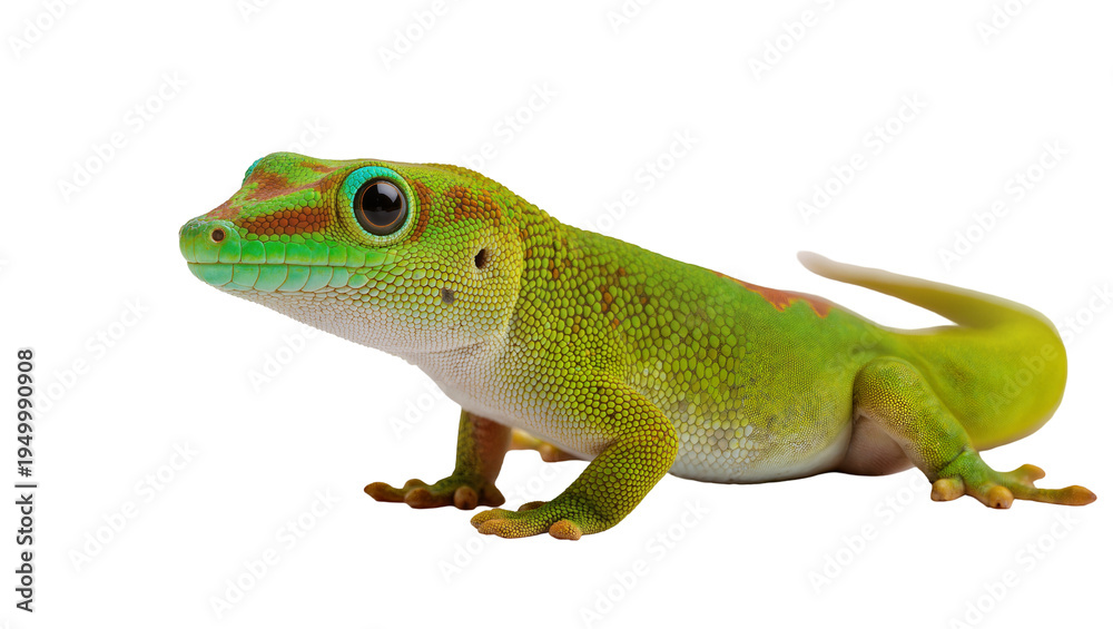 Fototapeta premium Isolated Madagascar giant day gecko, a brightly colored reptile on a plain setting.