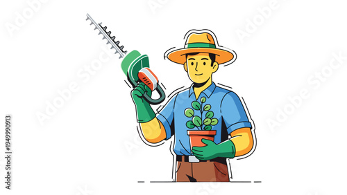 Gardener with Tools and Plant: A gardener, tools, and a potted plant create a scene of nurturing and growth. This vibrant illustration conveys the essence of gardening and cultivation.