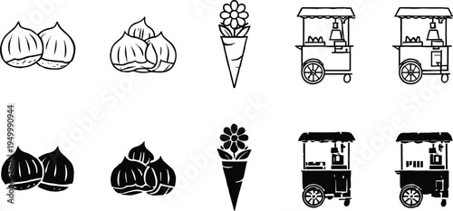 Street food snack icons set with chestnuts flower cone food cart vendor stall, minimalist line and silhouette street market vector collection