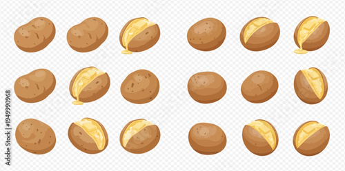 Set of whole and peeled potatoes, raw vegetable food ingredient for cooking, isolated on transparent background.