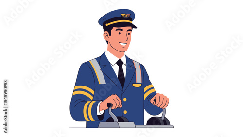The Confident Pilot: A skilled pilot confidently navigates the controls. wearing a crisp uniform, embodying expertise and reliability.