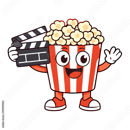 Popcorn bucket mascot holding a movie clapperboard and waving. Cute cinema character vector for film festival graphics, theater branding, streaming promos and entertainment design.