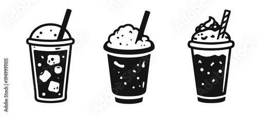 Minimal black and white vector set of three cold drink cups with whipped topping and straw. Modern beverage icons for cafe branding, takeaway menu, and sticker packs.