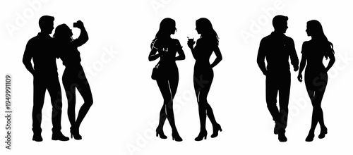 Set of stylish male and female silhouettes in social standing poses. Fashionable black vector collection for nightlife, attitude, party, dating and urban lifestyle themes.