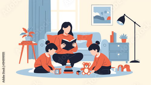 Caring mother reads a storybook to her two young children while they play together on a cozy rug in a well-lit living room at home during day.