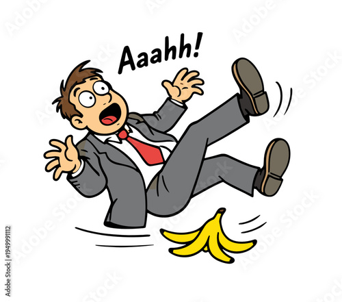 Funny businessman slipping on a banana peel with frightened expression and flying pose. Comic accident concept isolated on white for risk, failure, office humor and caution themes.