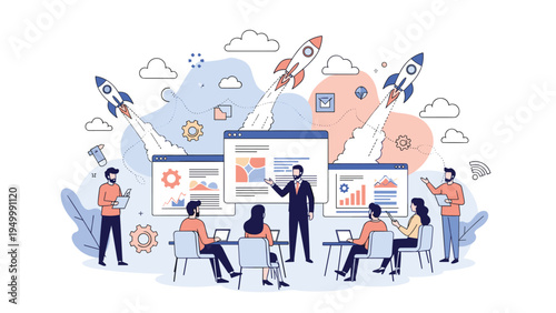 Corporate team holds a strategic planning meeting with digital screens and rockets launching to symbolize innovative business growth and success.
