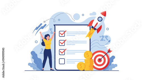 Successful entrepreneur celebrates business goals next to a large checklist, growing money stacks, and a rocket ship representing rapid growth.