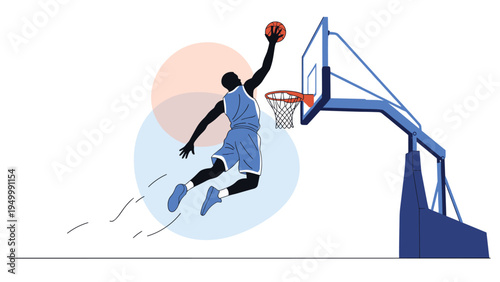 Athletic basketball player performs a powerful slam dunk in mid-air against a stylized background representing sports performance and competition.