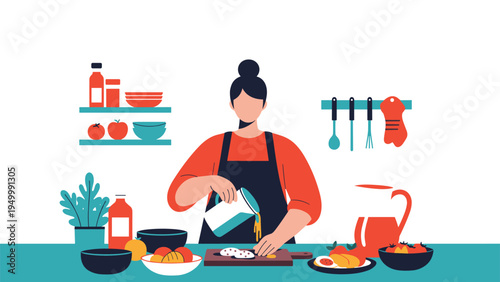 Dedicated chef prepares a healthy meal in a well-equipped kitchen with fresh vegetables and cooking utensils arranged on shelves and counters.