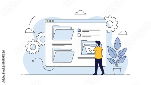 Digital file management concept features a man organizing various folders and documents on a large web browser screen for better data structure.