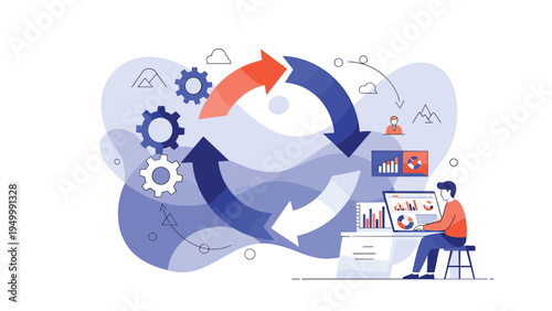 Data analyst sits at a desk working on a computer surrounded by a large circular arrow representing a continuous business process or workflow.