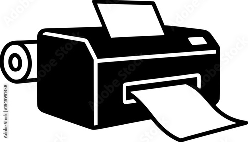 Black and white vector icon of a modern office printer with paper coming out. Professional hardware illustration for business and technology.