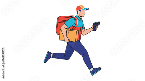 Swift Delivery: A focused courier sprints forward, efficiently managing parcels and modern technology to provide fast service, a symbol of reliable delivery and efficiency.