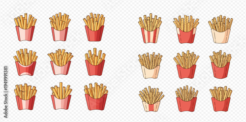 Set of delicious golden french fries in red and white paper boxes, fast food snack collection.