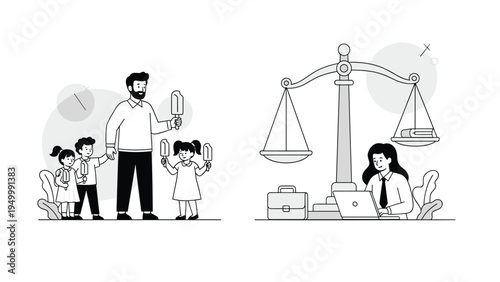 Split screen comparison shows a father spending quality time with his children versus a professional lawyer working diligently at her office.