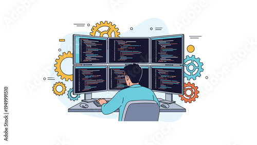 Computer programmer monitors multiple screens filled with complex software code and mechanical gears representing system engineering and logic.
