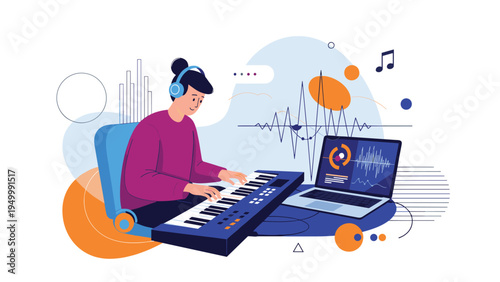 Creative musician uses a MIDI keyboard and laptop software with audio waves to compose and produce digital music in a home studio environment.