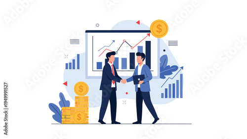 Two business partners shake hands in agreement in front of a large dashboard showing successful financial growth and positive market trends.