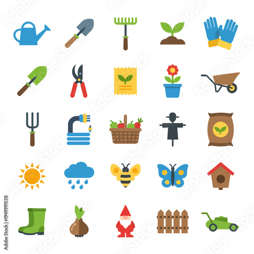 Colorful gardening tools and elements illustration on transparent background silhouette