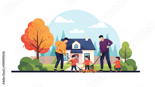 Happy family works together to rake autumn leaves in their front yard with a beautiful house and fall trees in the background for yard work.