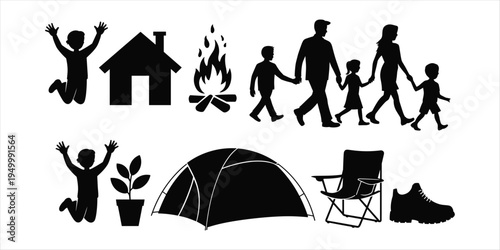 Camping and Family Activities Silhouette Icons on White Background Keywords: camping, family, silhouette, icon, activity