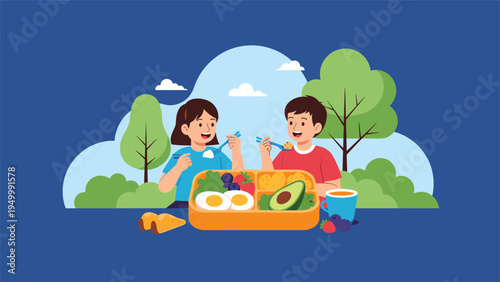 Two happy children enjoy a nutritious bento box lunch outdoors in a park with trees and clouds in the background for a healthy lifestyle.