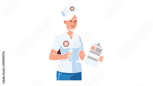 Kind-hearted Nurse: A compassionate nurse, dressed in her professional attire, stands with a clipboard, offering care and support in a healthcare setting. 