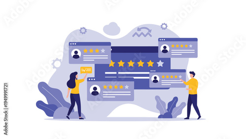 Modern customer service concept features people interacting with digital review panels and five star ratings for business feedback or quality.