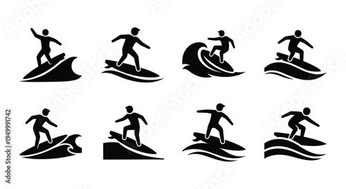 Black silhouettes of surfers riding ocean waves in various dynamic poses