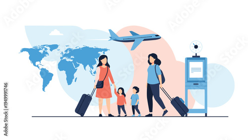 Happy family prepares for an international trip at the airport terminal while carrying luggage and checking a world map for their destination.