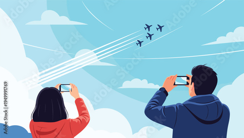 Spectators use their smartphones to capture photographs of military jet planes flying in a tight formation during a clear day air show event.