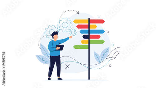 Confused man stands before a multi directional signpost at a crossroad while trying to decide on the best path for his future career or life.