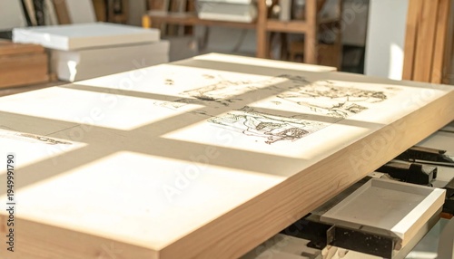 Wooden board with sketches in a sunlit workshop.