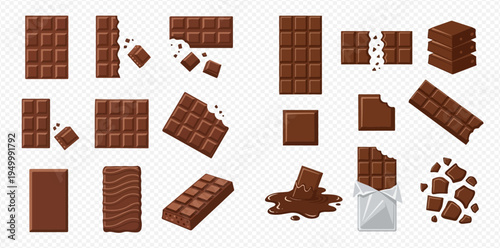 Set of chocolate bars in various forms, including whole, broken, melted, and unwrapped pieces, on a transparent background.