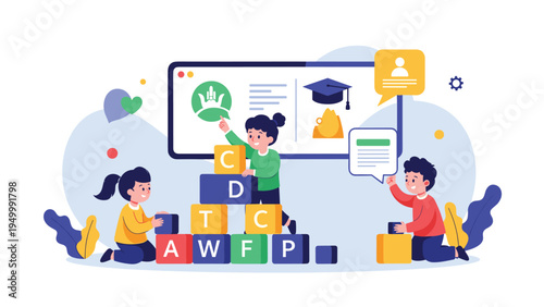 Group of young children plays with colorful letter blocks on the floor of a classroom to develop their early literacy and social skills in school.