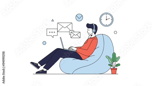 Relaxed young man works comfortably on his laptop while sitting in a large blue bean bag chair at home with email icons and a wall clock nearby.