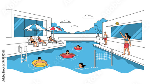 People enjoy various summer activities at a modern swimming pool including swimming on tubes and playing volleyball under the bright sun outside.