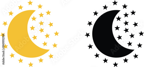 A pair of crescent moon and star icon designs presented in contrasting yellow and black colors Vector