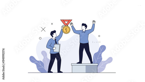 Two victorious businessmen celebrate their professional achievement with a large gold medal while standing on a winner podium in a modern office.