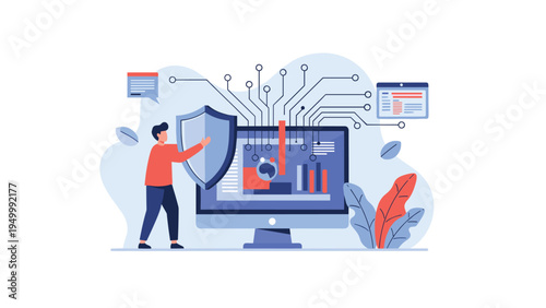 Strong man holds a large blue shield to protect a computer monitor from digital threats and symbolize data privacy and secure network systems today.