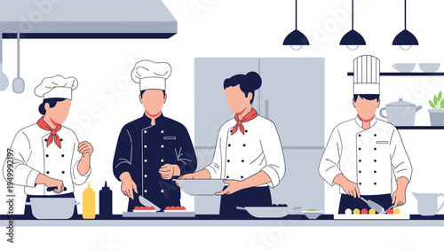 Team of professional chefs prepares diverse gourmet meals in a clean and organized commercial restaurant kitchen while wearing white hats and aprons.