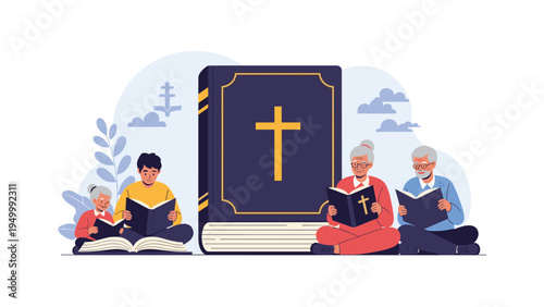 Multi generational family sits together to read the Holy Bible and share their faith and religious values in a peaceful and supportive home setting.