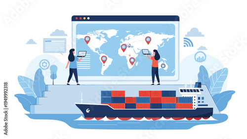 Global logistics concept shows a large container ship transporting goods across the ocean with a digital map tracking its position and destination worldwide.