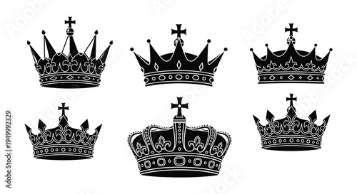 Variety of ornate black crowns displayed in a symmetrical arrangement